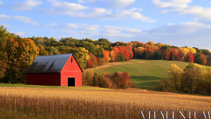 Cozy red barn resting in rolling autumn countryside warmth.