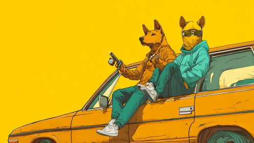 Anthropomorphic dog duo in streetwear on yellow car roof.