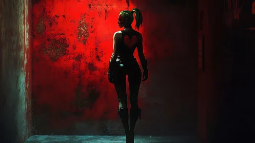 Neon alley heartbreaker in backlit crimson shadows stride.