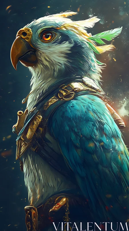 Regal avian warrior in ornate golden battle harness.