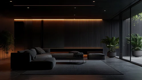 Minimalist dark living room with linear ambient lighting.