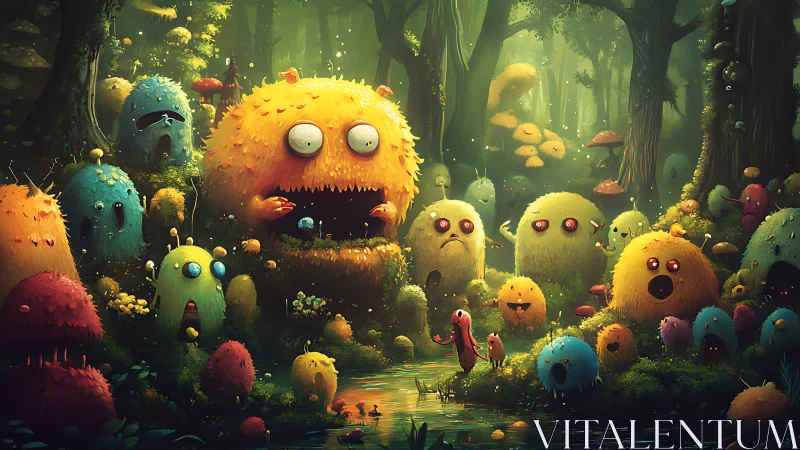 Playful fuzzy forest monsters sharing a magical meeting.