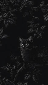 Black cat perched on branch with foliage surround.
