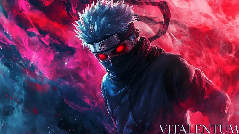 Storm-eyed masked ninja in neon crimson chakra blaze.