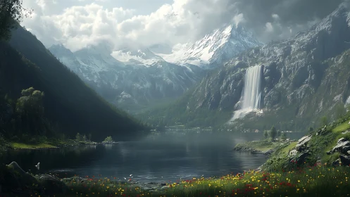 Mountain lake landscape with waterfall and distant snow peaks.