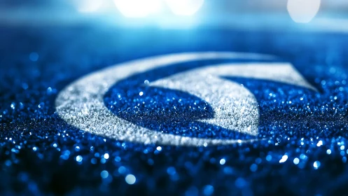 Shimmering blue logo arcs through a sea of crystal sparks.