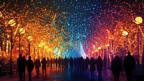 Night promenade under radiant multicolor festival canopy.
