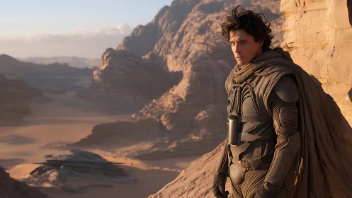 Solitary desert wanderer pausing in windswept golden dunes.