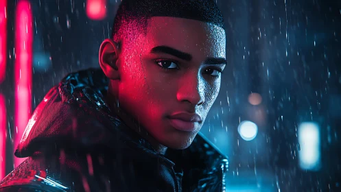 Neon rim-lit portrait in rain with bokeh and wet specular skin