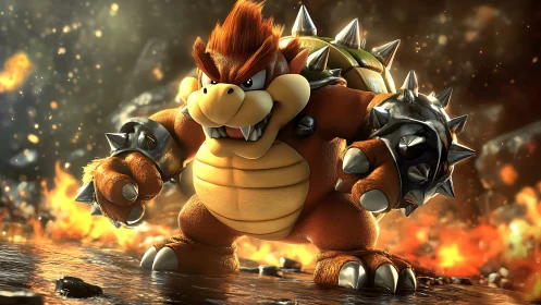 Armored reptilian warrior in molten battlefield lighting.