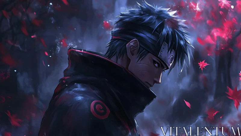 Side-lit anime warrior in dark cloak amid drifting red foliage