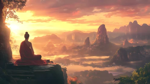 Monk on cliff overlooking misty valley and pagoda at sunrise.