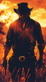 Cowboy silhouette stands in fiery orange backlit field