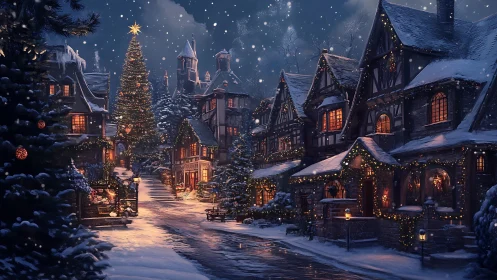 Snowy village glows with cozy lights on a peaceful Christmas eve