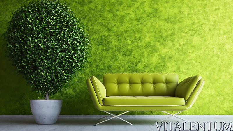 Lime green modern sofa with topiary against textured accent wall