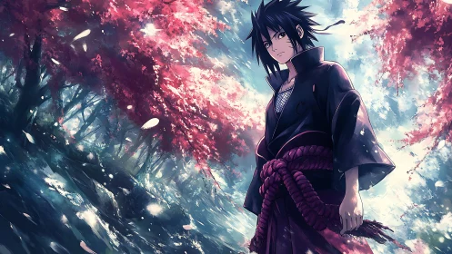 Storm‑quiet warrior under drifting cherry blossoms.