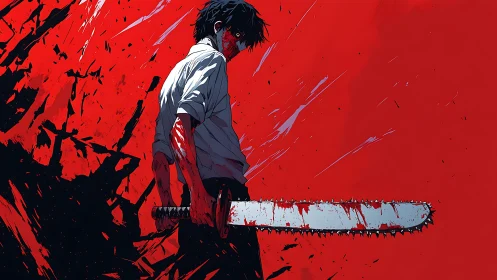 Kinetic anime figure wielding bloodied chainsaw on red field.