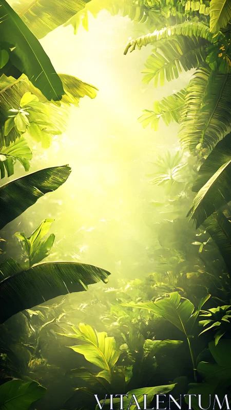 Sunlit tropical foliage with dense layered vegetation.
