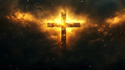 Burning golden cross carves light through stormy cosmos