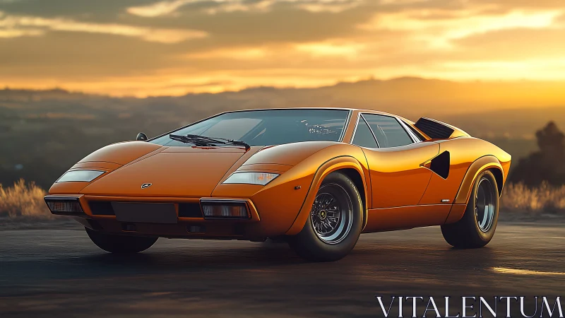Low-angle sunset study of orange classic wedge-profile supercar