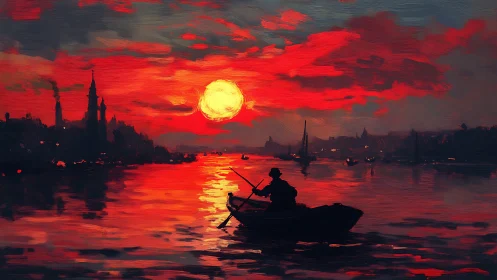 Painterly sunset rowboat silhouette on luminous harbor horizon.