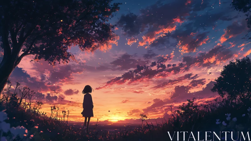 Silhouette of girl observes vivid sunset sky over meadow