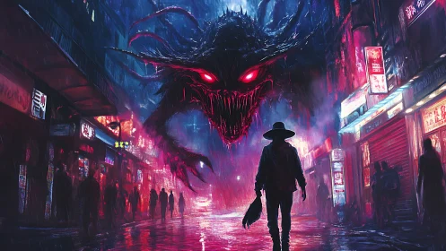 Hunter confronts neon-lit shadow demon in rain-soaked alley.