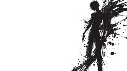 Ink-splatter humanoid silhouette in high-contrast vector abstraction.