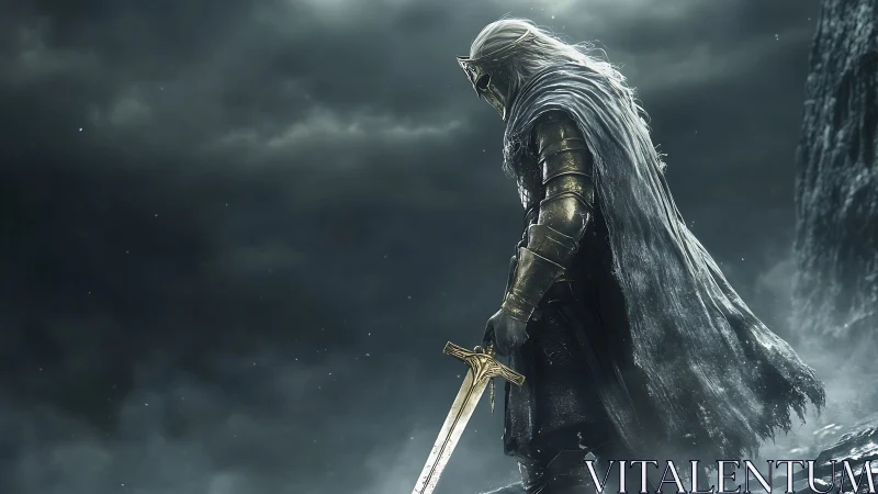 Storm-worn knight broods beneath thunder-laden fantasy skies.