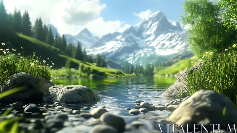 Sunlit alpine river below dramatic snow-capped mountains.