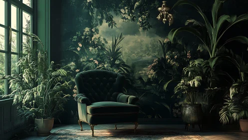 Velvet armchair in moody botanical interior with directional window light