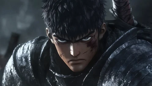 Armored anime warrior glares forward in battle stance.