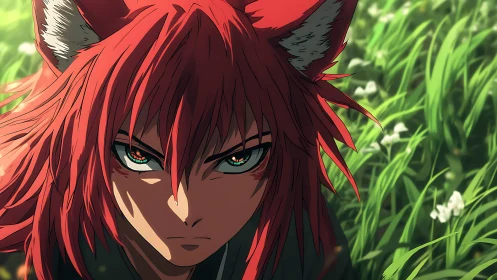 Fierce fox warrior with blazing eyes in soft green meadow.
