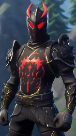 Fiery horned knight stands ready in glowing black armor