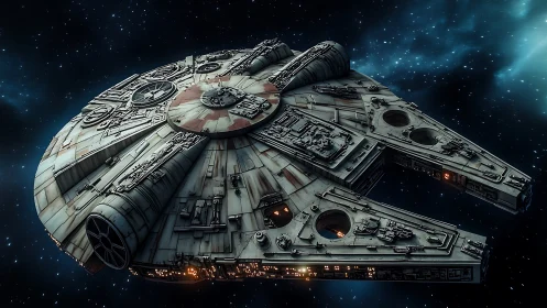 Weathered starship glides through nebula-speckled deep space.