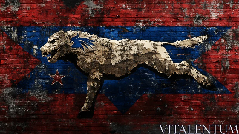 Weathered running wolf mural over distressed red brick wall.