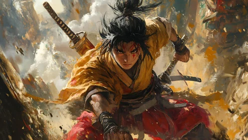 Storm-chasing ronin dives through shattering brushstrokes of war