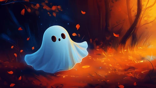 Playful little ghost drifting through glowing autumn woods.