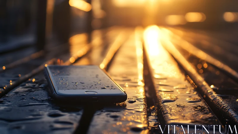 Smartphone on wet bench surface under shallow-depth sunset backlight
