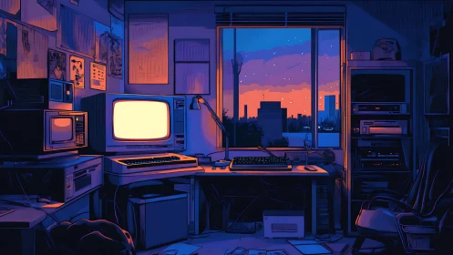 Retro computing workstation glows against dusk city skyline view