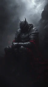 Brooding dark knight rests in crimson-shrouded twilight gloom
