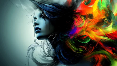 Chromatic dream muse emerging from swirling darkness.