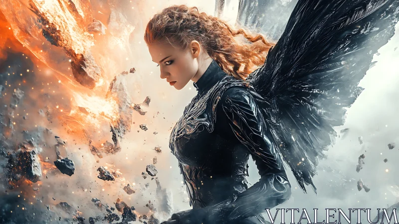 Winged warrior walks calmly through fire and falling stone