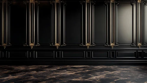 Opulent black wall with gilded neoclassical panels in shadow.