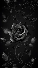 Velvet night rose unfurls in ornate monochrome arabesque.