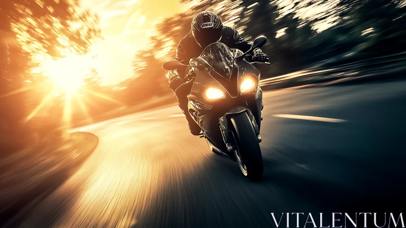 Golden hour motorcycle rush along a sunlit forest road.