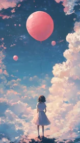 Girl observes single pink balloon drifting through pastel sky