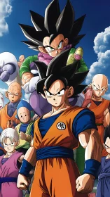 Legendary anime heroes standing united under bright skies.