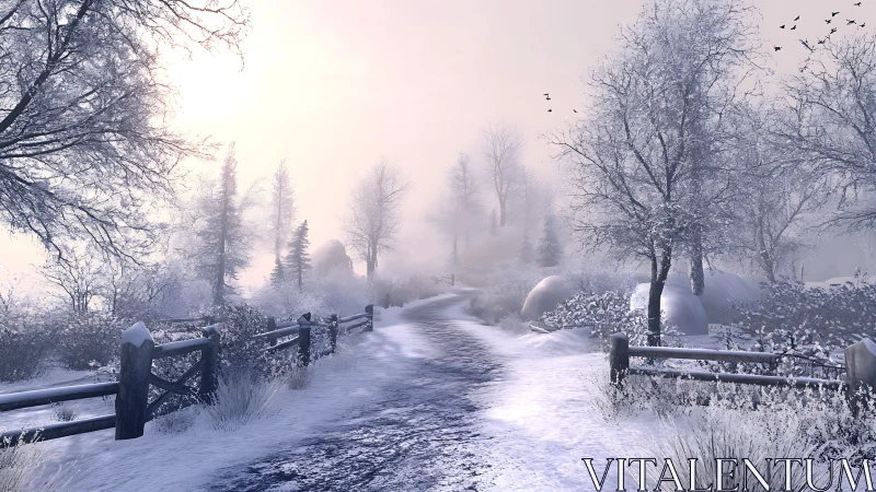 Winter path drifts softly toward a sunlit frost-dim horizon