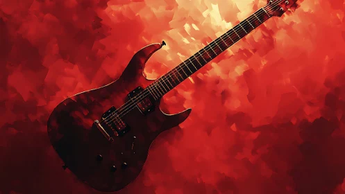 Electric guitar on abstract red background, angled view.